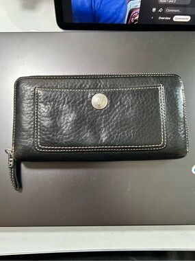 Coach Black Pebbled Leather Zip-Around Wallet with Front Slip Pocket